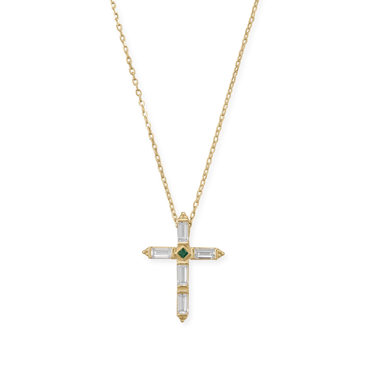 Bodacious Baguettes! 16" + 2" White and Green CZ Cross Necklace