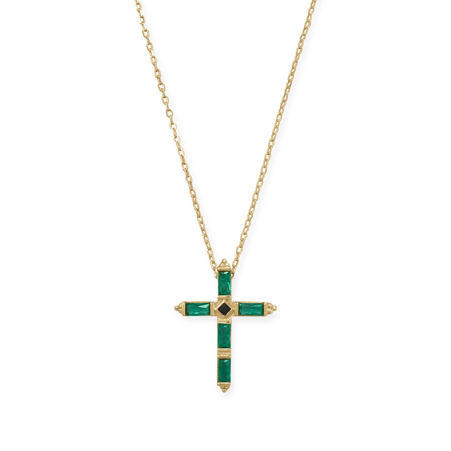 Bodacious Baguettes! 16" + 2" Green and Black CZ Cross Necklace