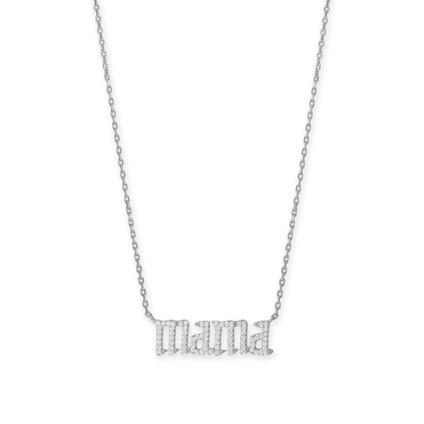 16" + 2" Rhodium Plated CZ "mama" Necklace