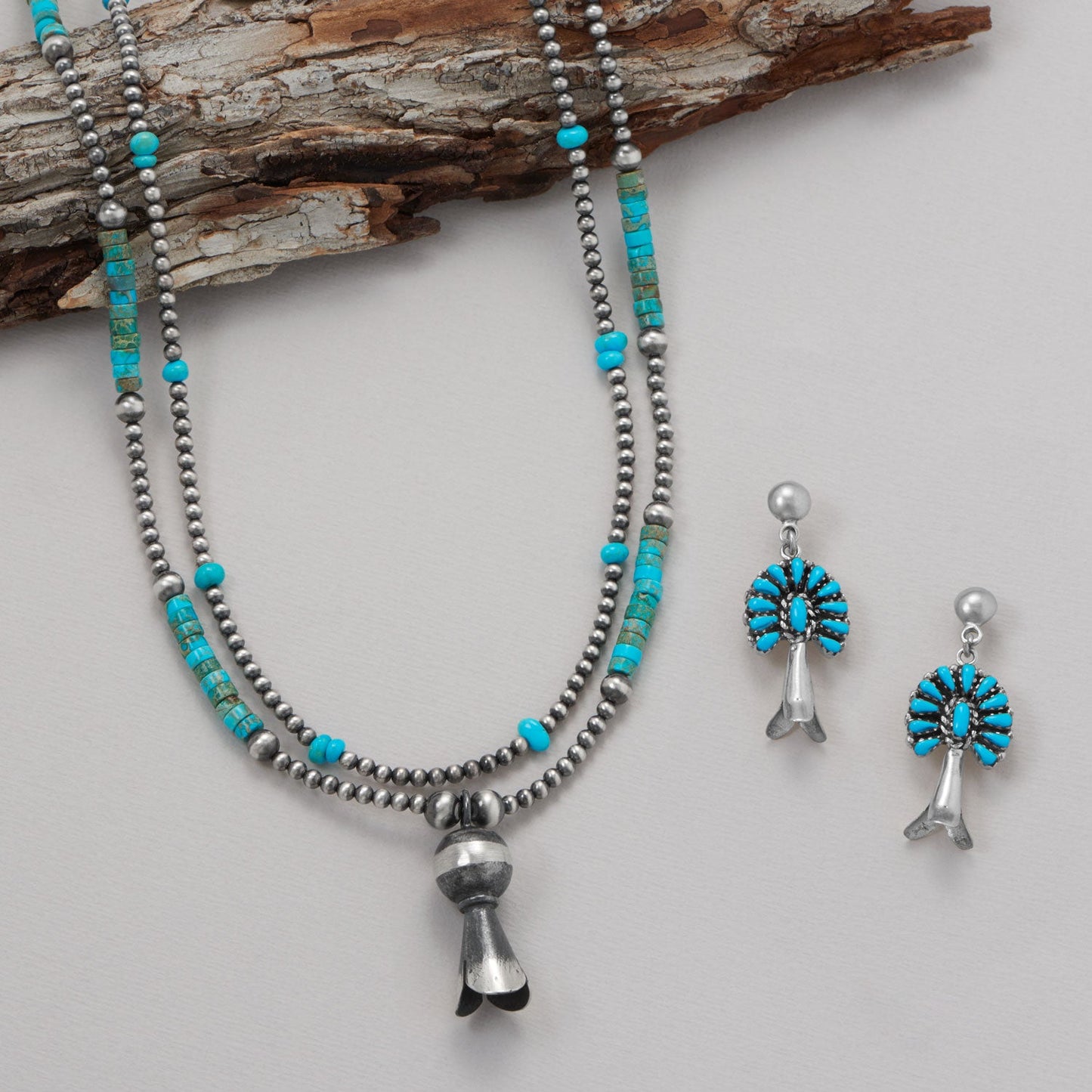 18" Turquoise Heishi, Oxidized Bead and Squash Blossom Necklace