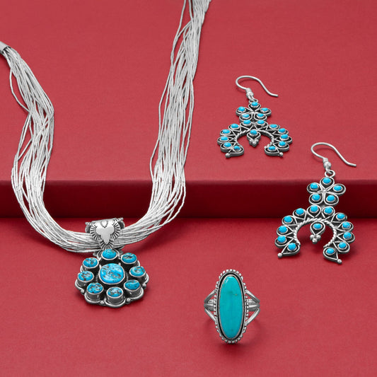 Handmade Oxidized Turquoise Flower and Horseshoe Drop Earrings