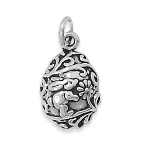 Oxidized Bunny with Flowers Easter Egg Charm