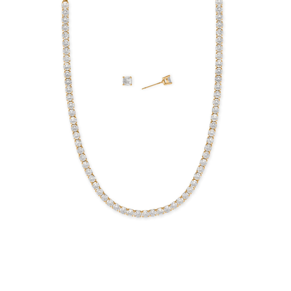 Gold Tone 4-5mm CZ Tennis Necklace and Earrings Jewelry Set
