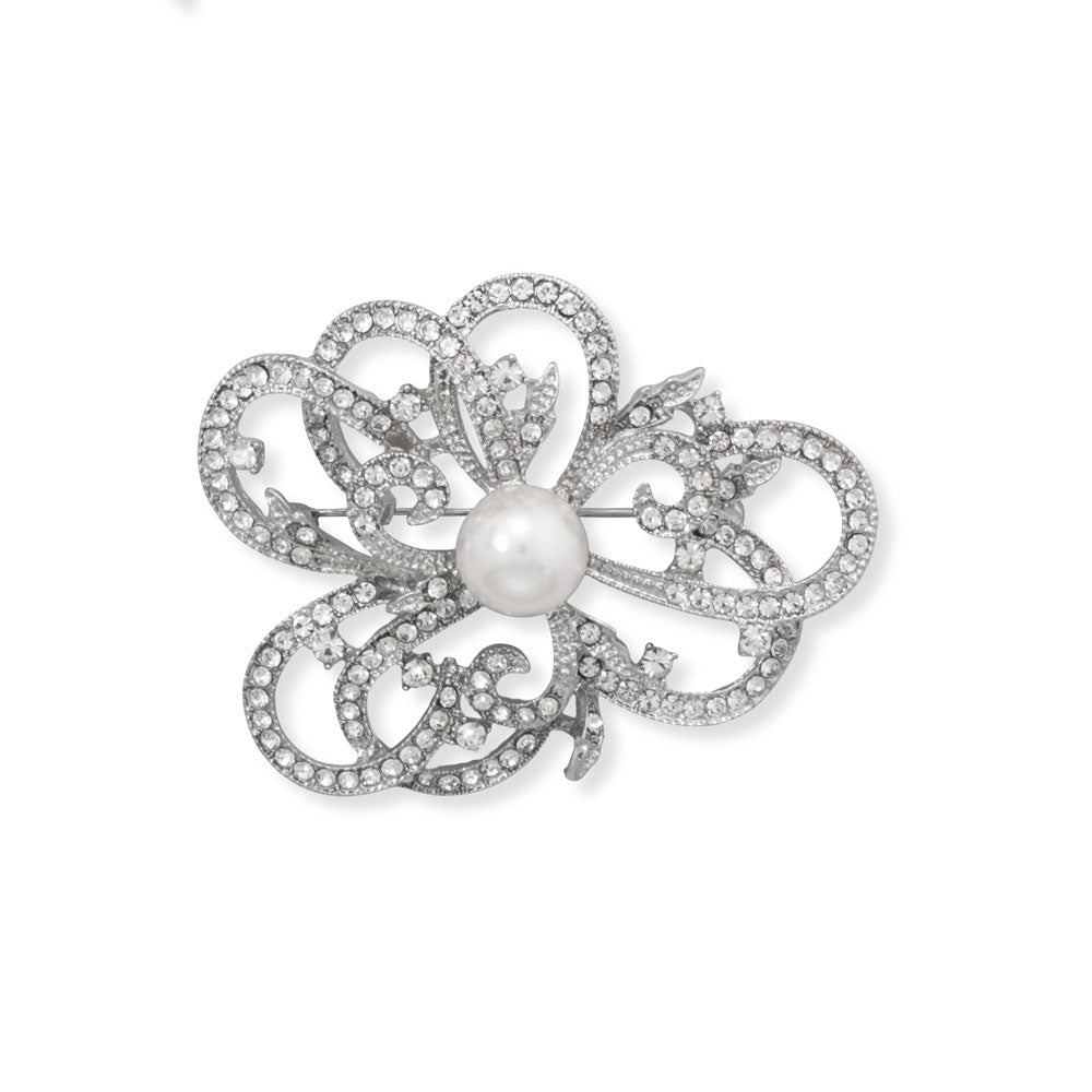 Simulated Pearl and Crystal Flower Branch Fashion Pin