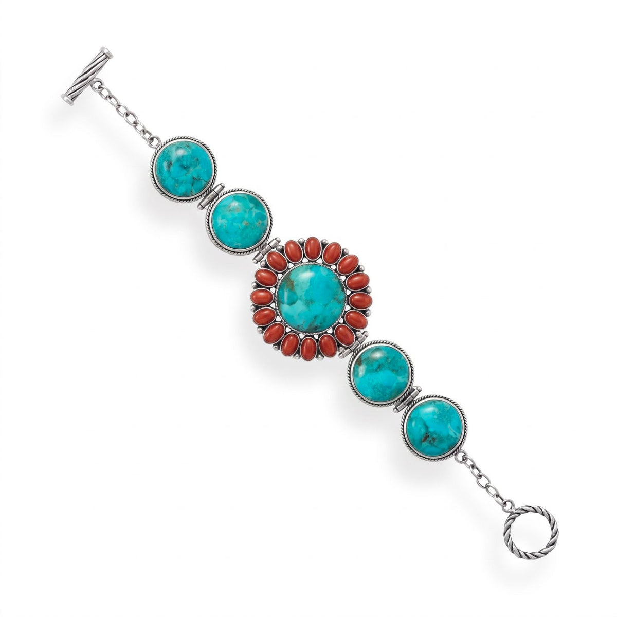 7.5" Reconstituted Turquoise and Coral Sunburst Toggle Bracelet