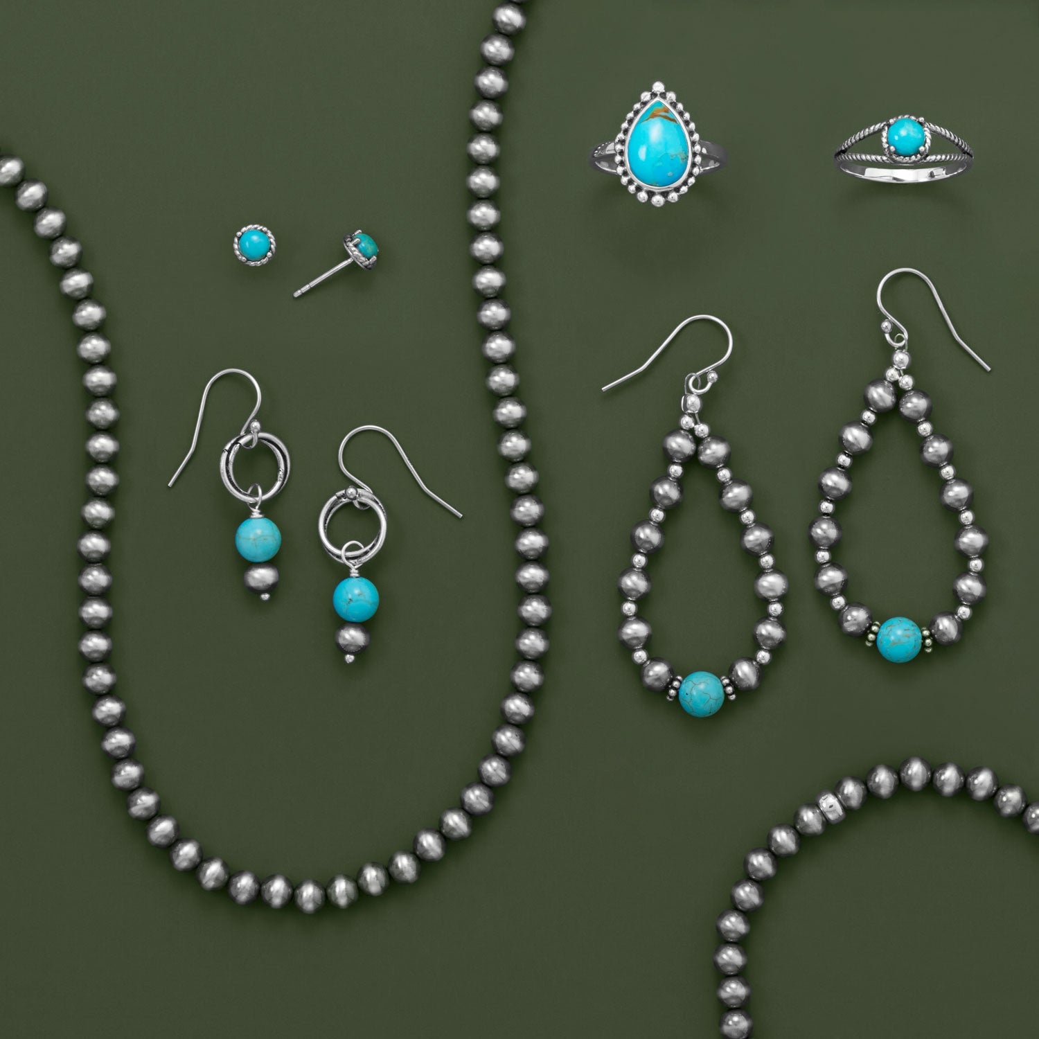 Turquoise and Oxidized Bead Pear Outline Earrings