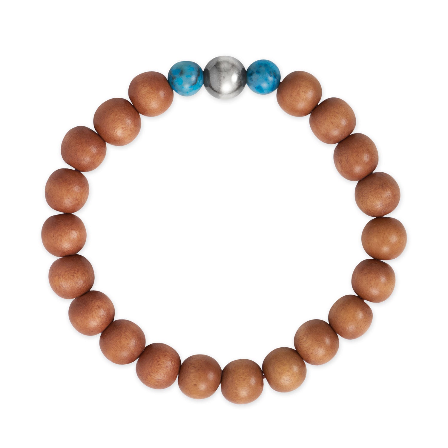 8" Blue Agate, Wood and Silver Bead Stretch Bracelet