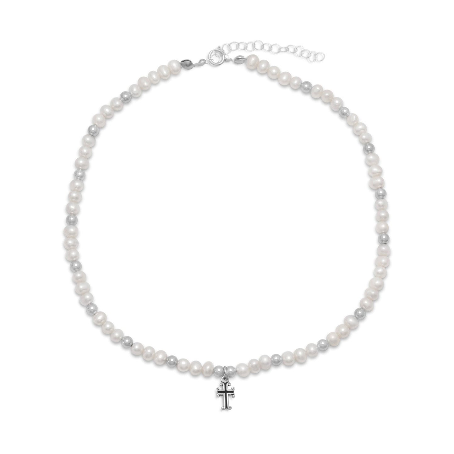 13" + 2" White Cultured Freshwater Pearl Cross Drop Necklace