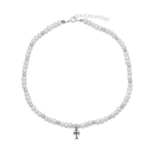 13" + 2" White Cultured Freshwater Pearl Cross Drop Necklace