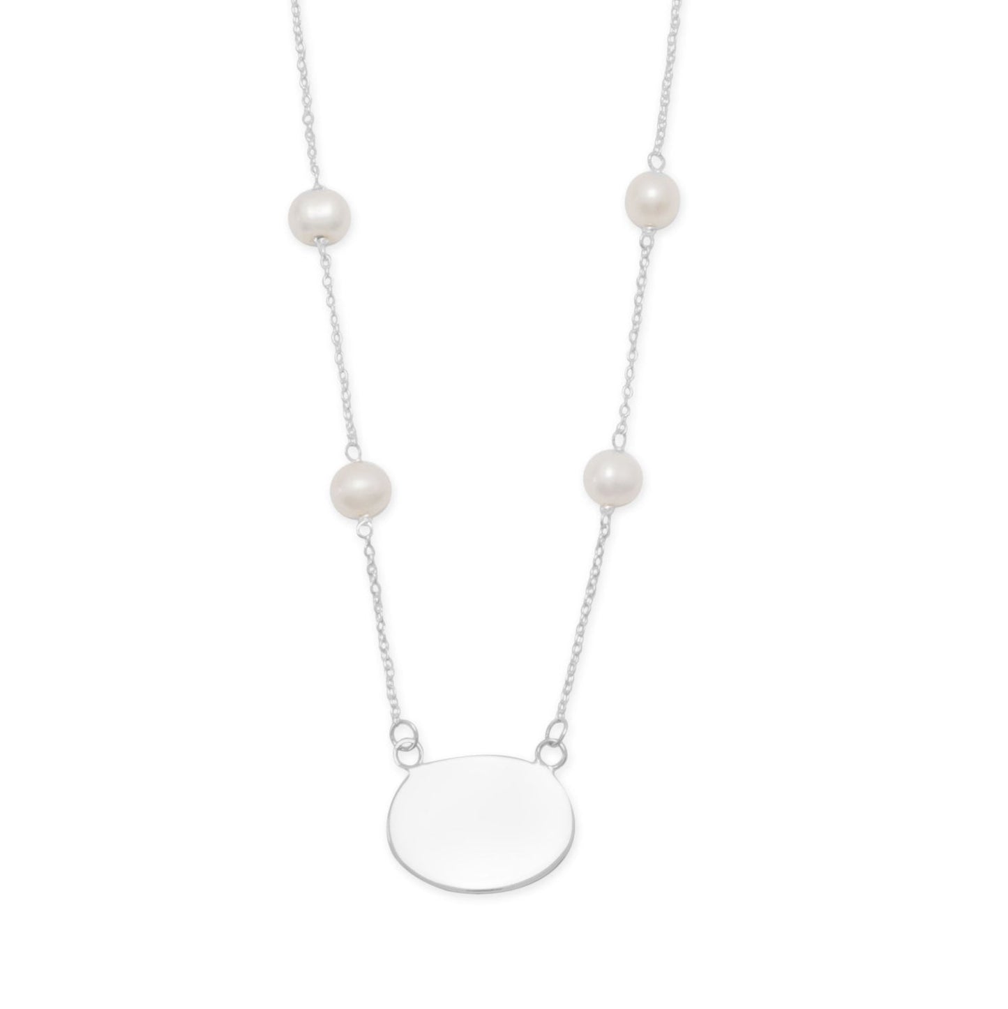 16" ID Tag Necklace with White Cultured Freshwater Pearl