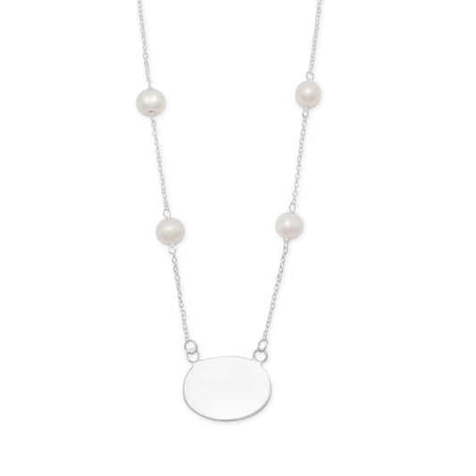 16" ID Tag Necklace with White Cultured Freshwater Pearl