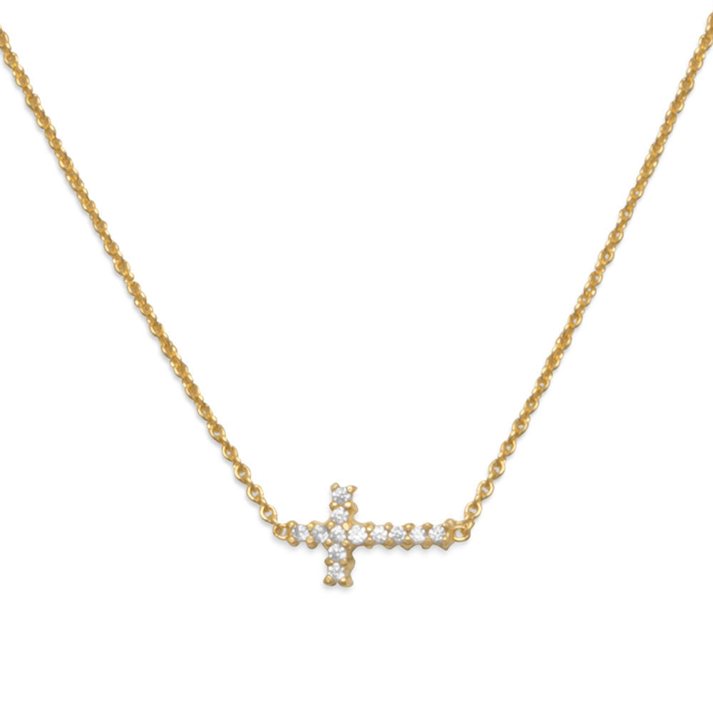 16" 14 Karat Gold Plated Necklace with Sideways CZ Cross