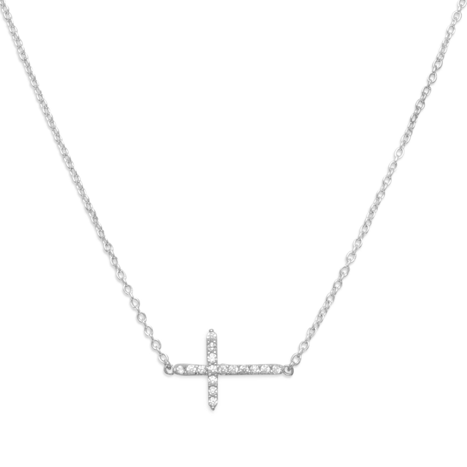 16" + 2" Rhodium Plated CZ Sideways Cross Necklace