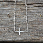 16" + 2" Rhodium Plated CZ Sideways Cross Necklace