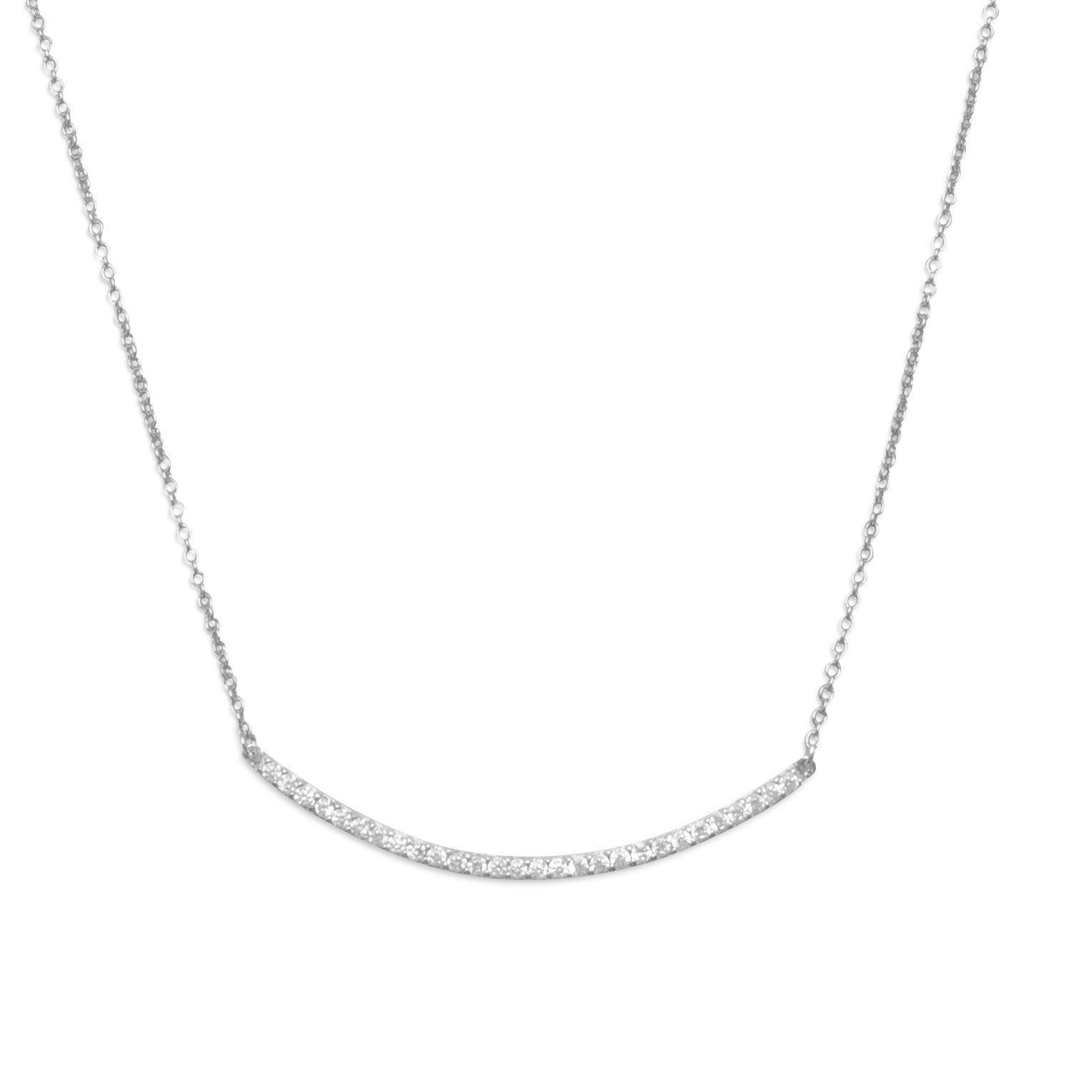 18" + 2" Rhodium Plated Curved CZ Bar Necklace