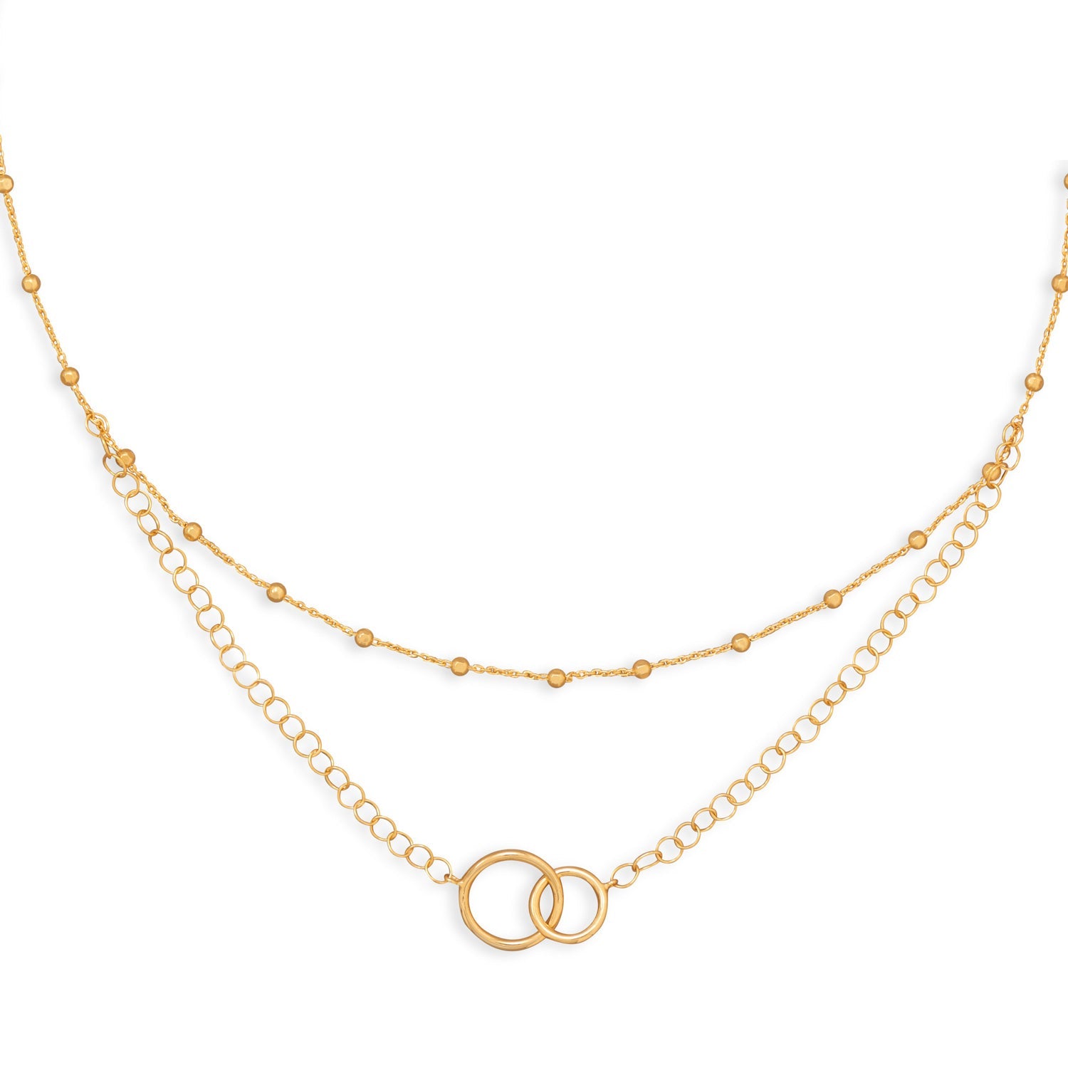 16" 14 Karat Gold Plated Multistrand Beaded Necklace with Circle Link
