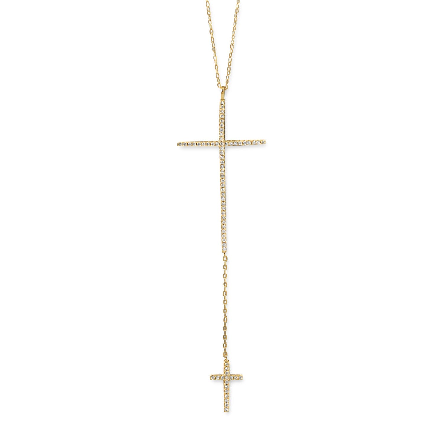 14 Karat Gold Plated Necklace with Double CZ Cross Drop
