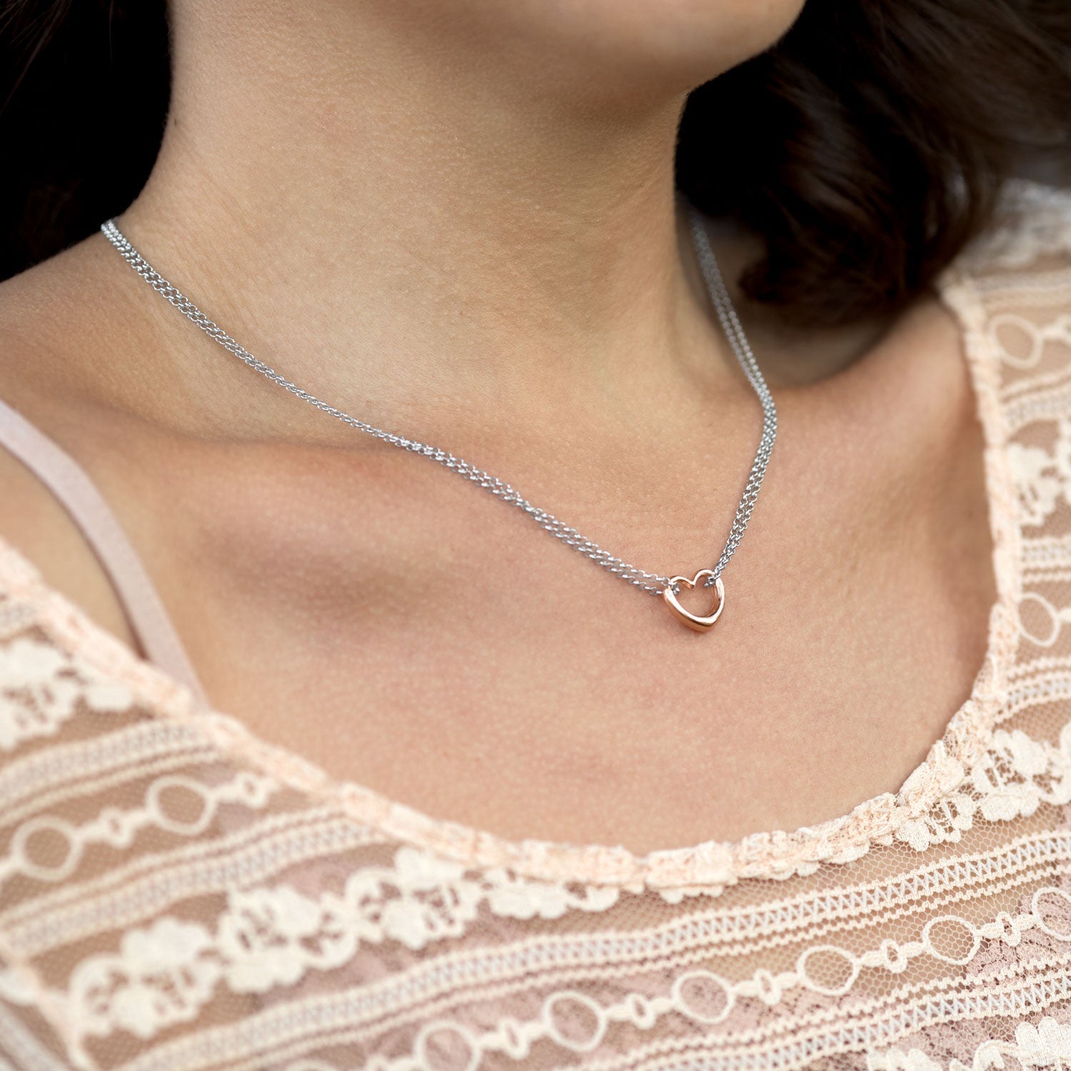 Two Tone Double Strand Open Heart Necklace