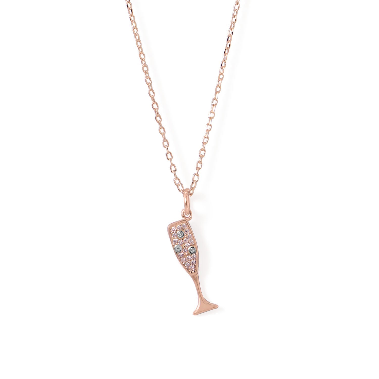 14 Karat Rose Gold Plated CZ Champagne Glass Charm Necklace