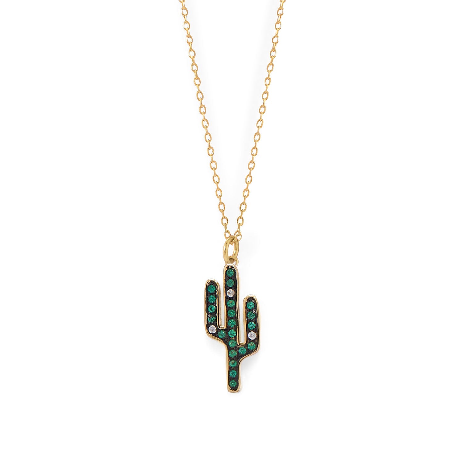 14 Karat Gold Plated CZ Saguaro Cactus Charm Necklace