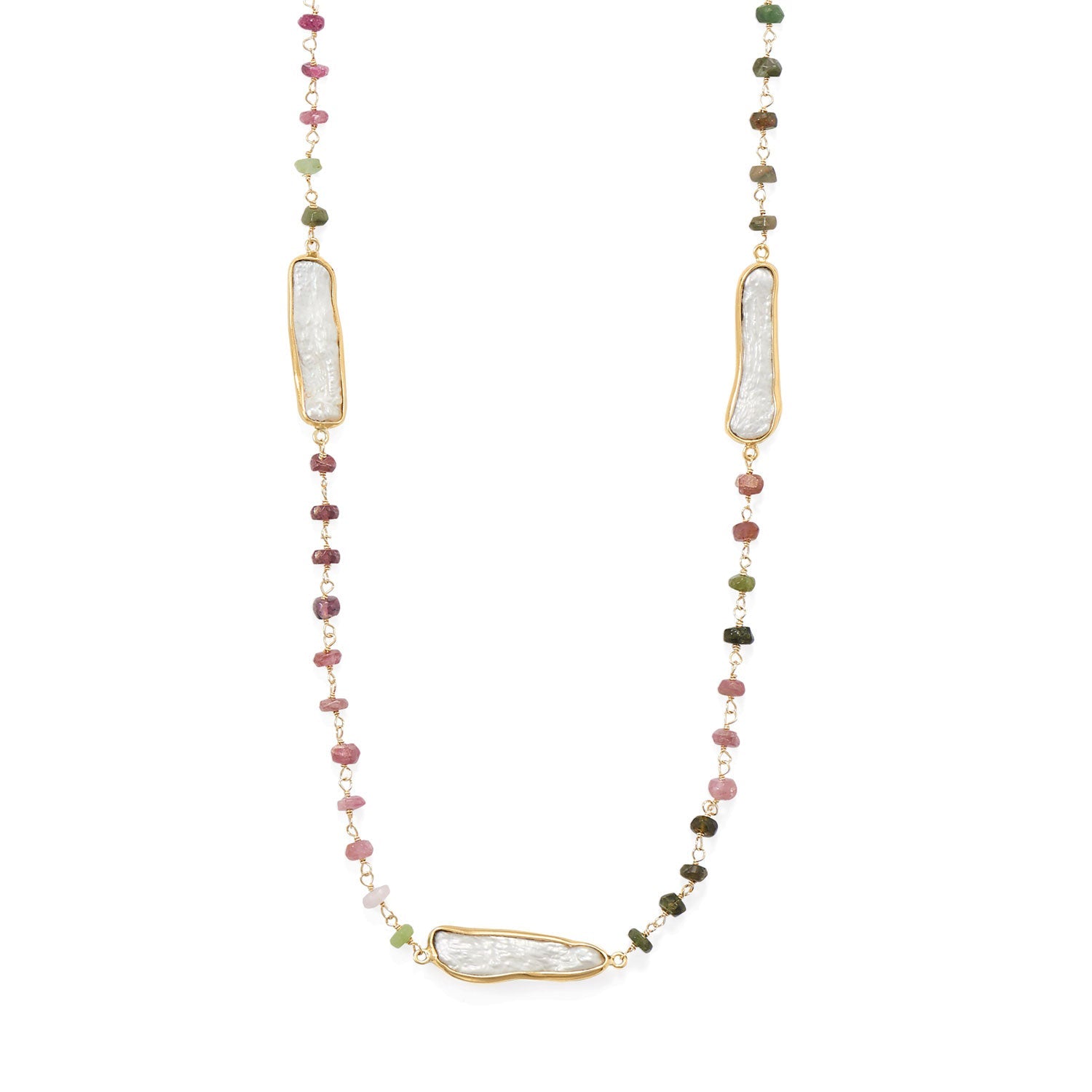 24" 14 Karat Gold Plated Tourmaline and Cultured Freshwater Pearl Necklace
