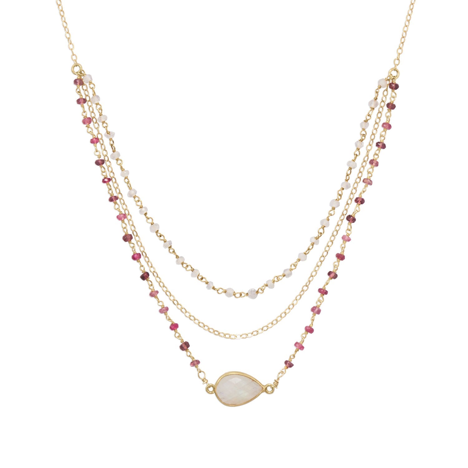 16" + 2" Gold Filled Rainbow Moonstone and Tourmaline Necklace