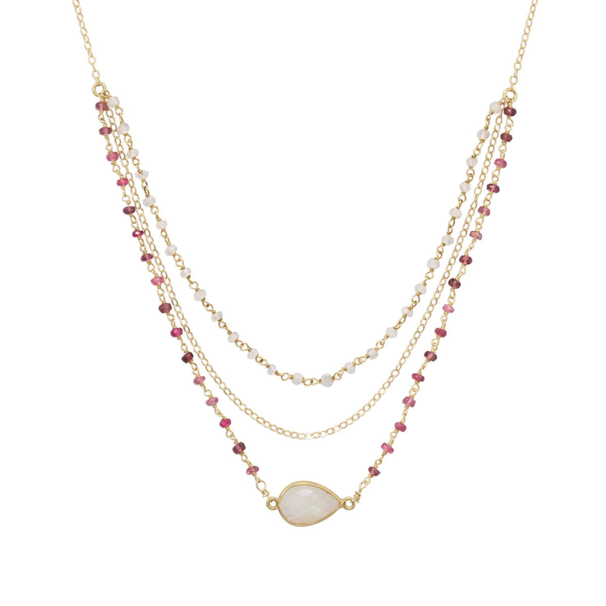 16" + 2" Gold Filled Rainbow Moonstone and Tourmaline Necklace
