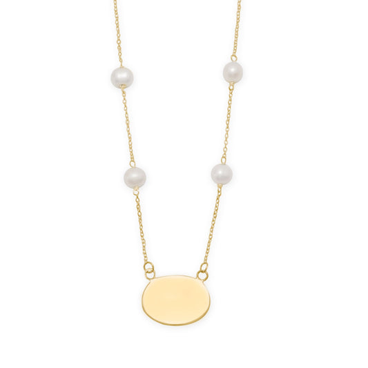 16" Gold Plated Engravable Necklace with White Cultured Freshwater Pearls