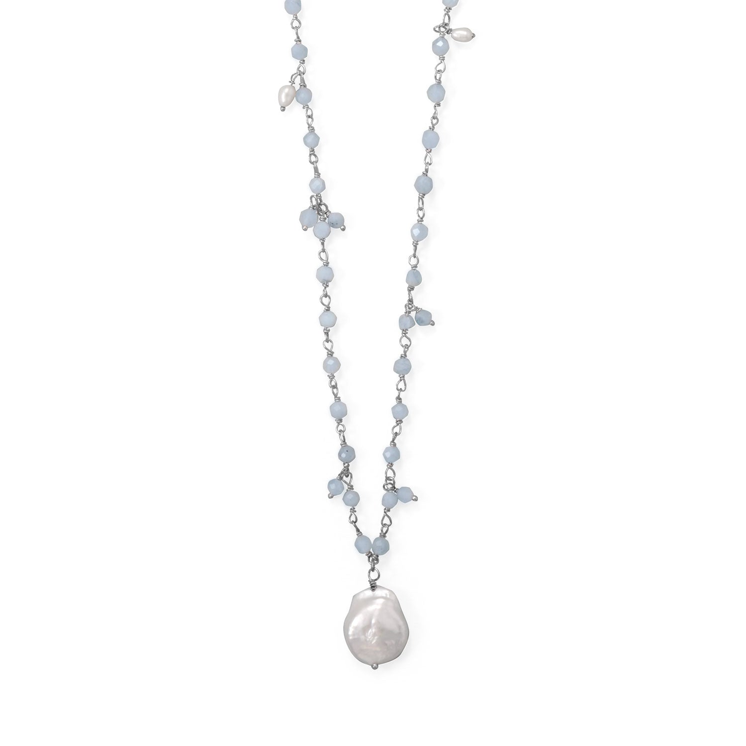 18"+2" Beaded Aquamarine and Cultured Freshwater Pearl Necklace