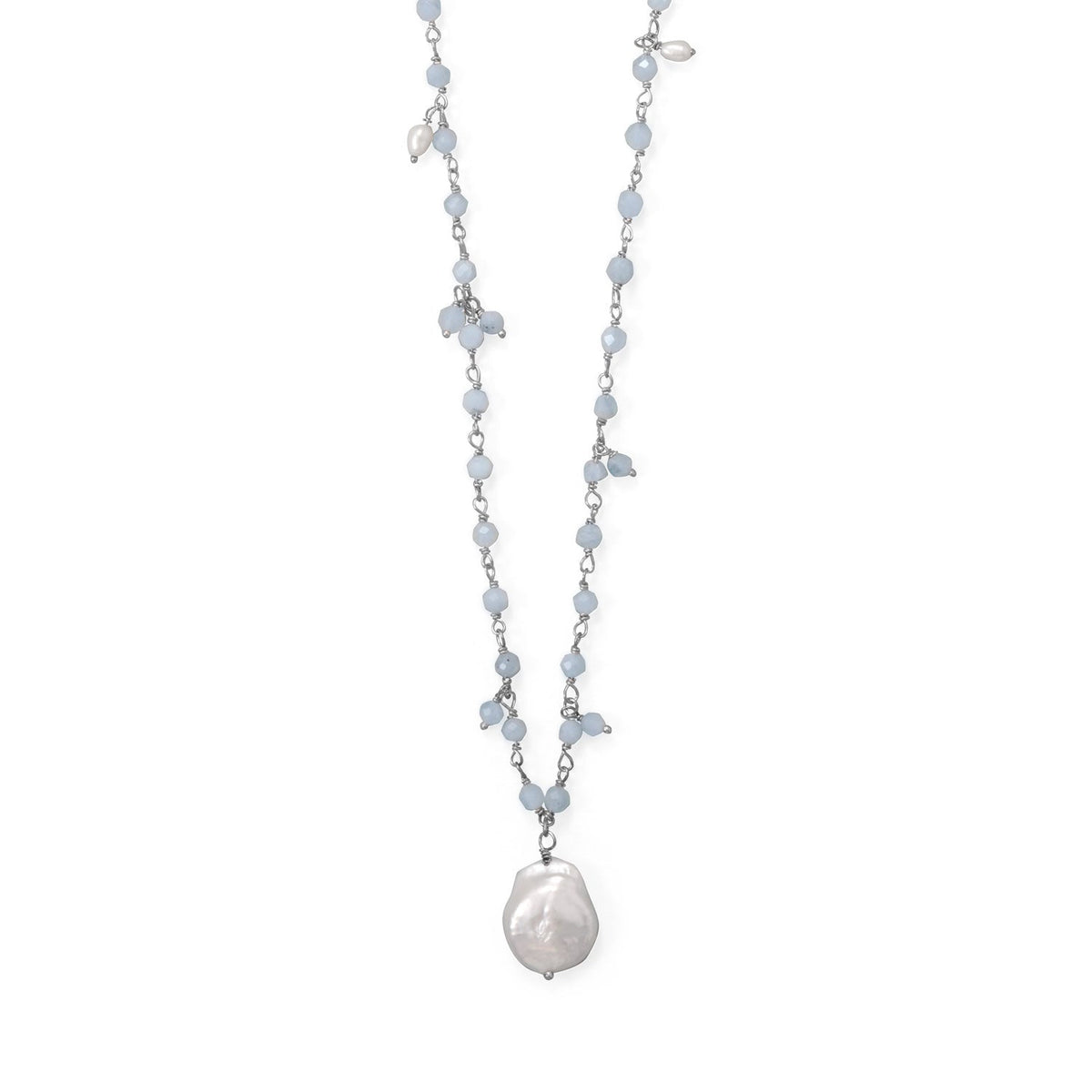 18"+2" Beaded Aquamarine and Cultured Freshwater Pearl Necklace