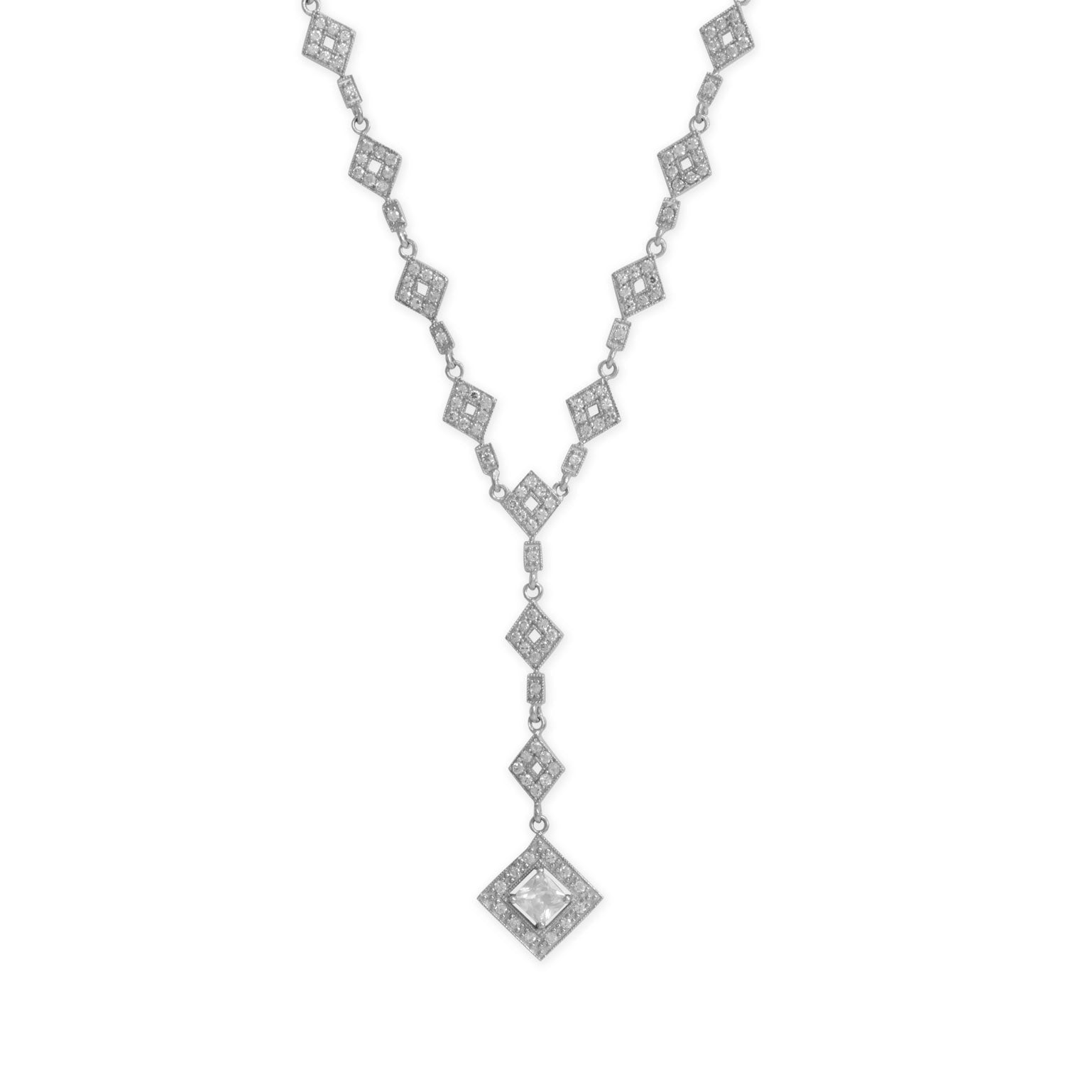 16" Rhodium Plated CZ Diamond Shape Y Drop Necklace