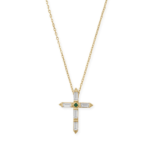 Bodacious Baguettes! 16" + 2" White and Green CZ Cross Necklace