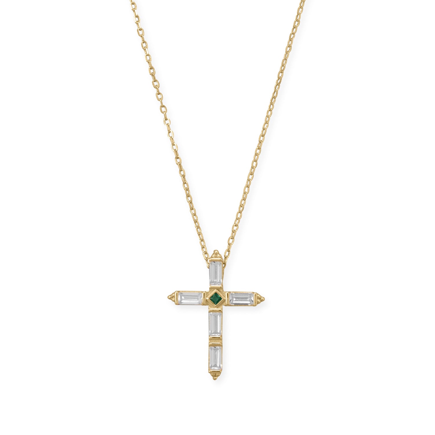 Bodacious Baguettes! 16" + 2" White and Green CZ Cross Necklace