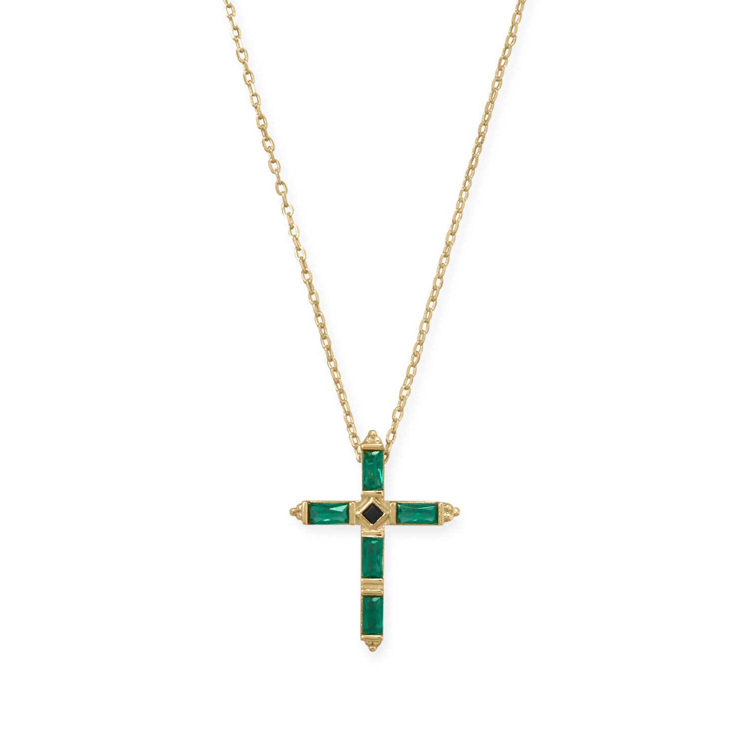 Bodacious Baguettes! 16" + 2" Green and Black CZ Cross Necklace