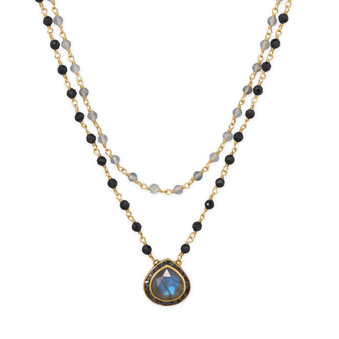 19"/20" + 2" 14 Karat Gold Plated Labradorite and Black Onyx Necklace