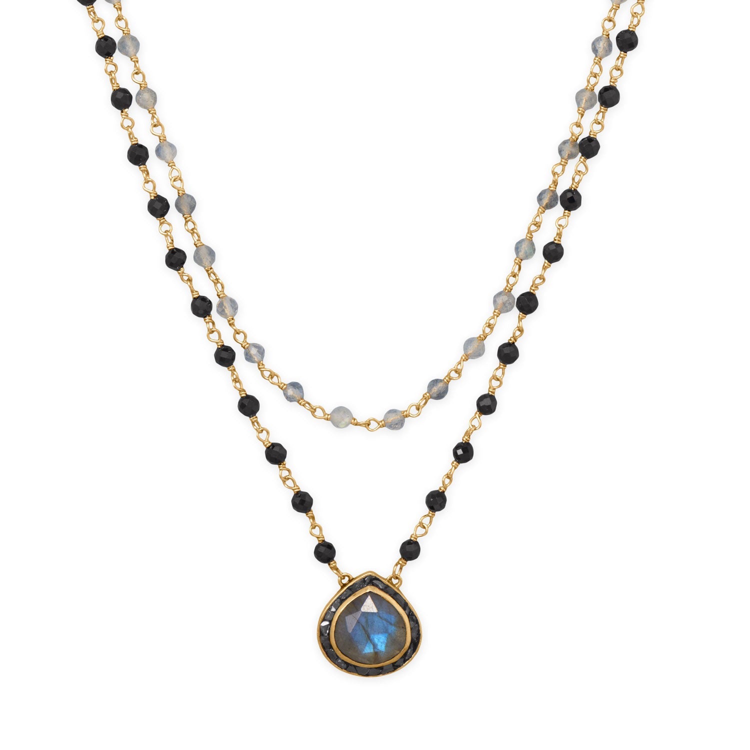 19"/20" + 2" 14 Karat Gold Plated Labradorite and Black Onyx Necklace