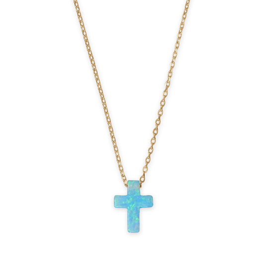 16" + 2" 14 Karat Gold Plated Synthetic Opal Cross Necklace