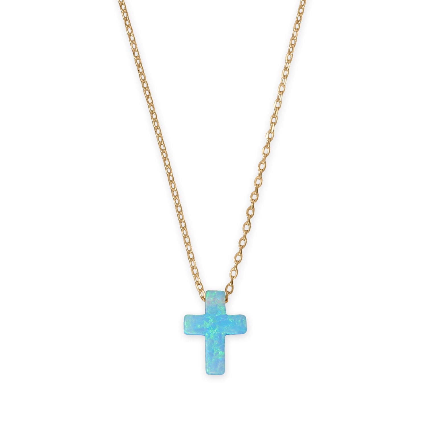 16" + 2" 14 Karat Gold Plated Synthetic Opal Cross Necklace