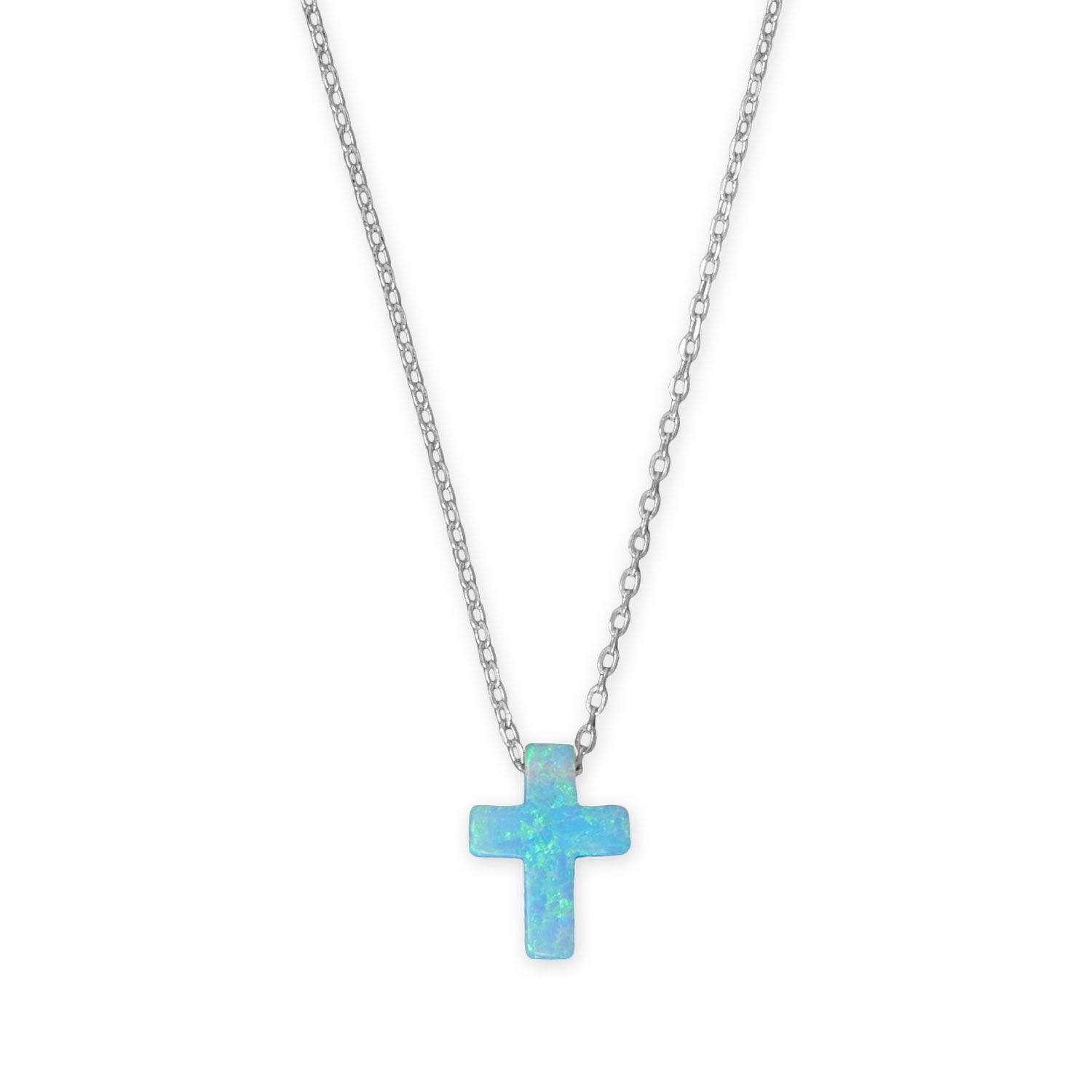 16" + 2" Rhodium Plated Synthetic Opal Cross Necklace