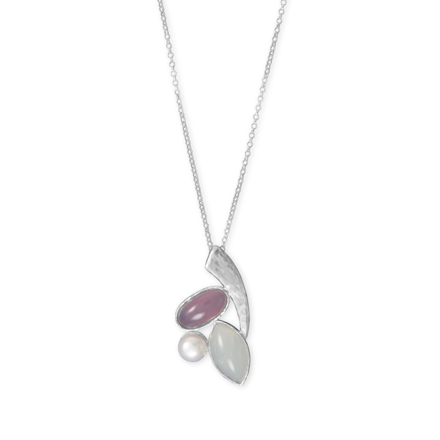 18" Rainbow Moonstone, Cultured Freshwater Pearl and Pink Chalcedony Necklace