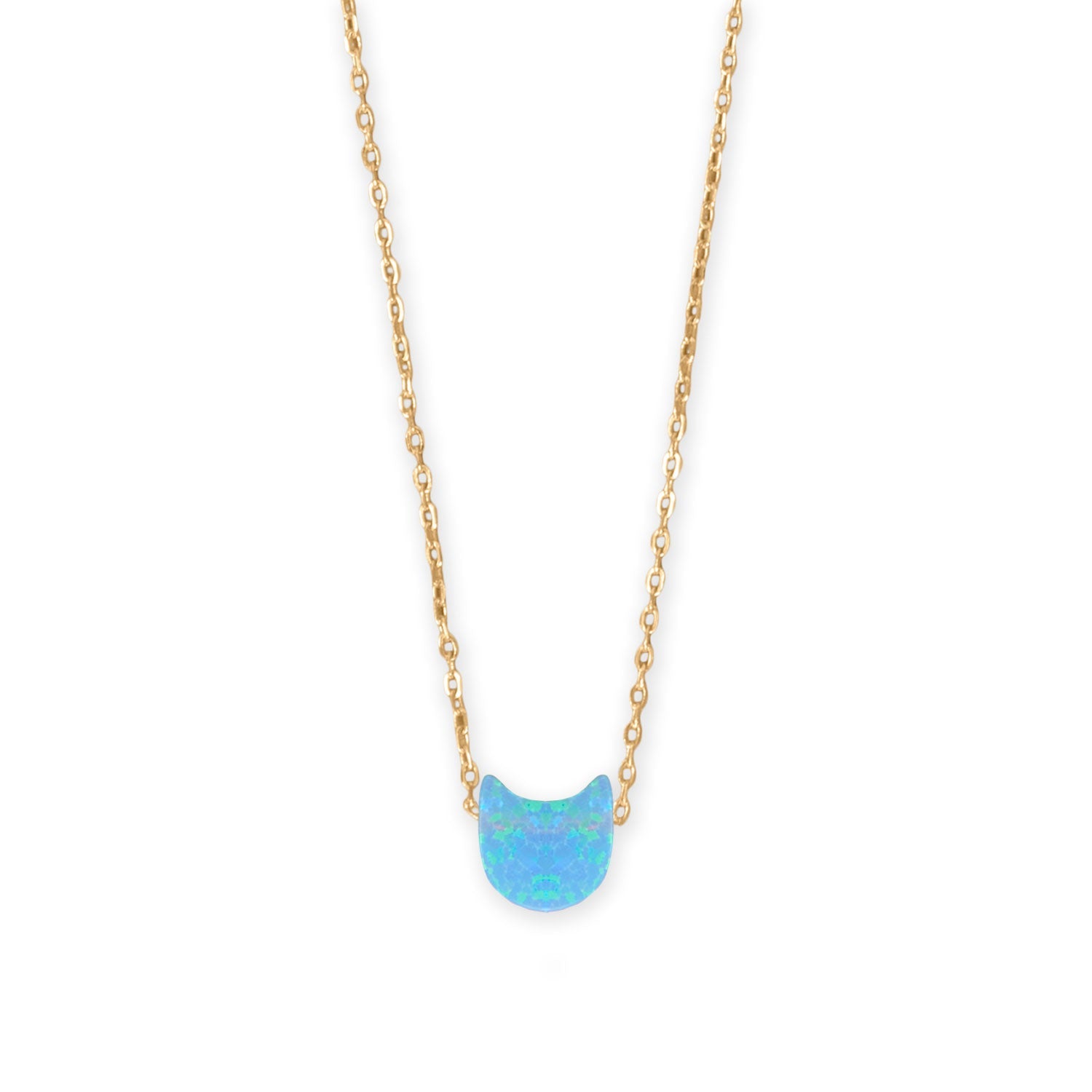 16" + 2" 14 Karat Gold Plated Synthetic Opal Kitty Cat Necklace