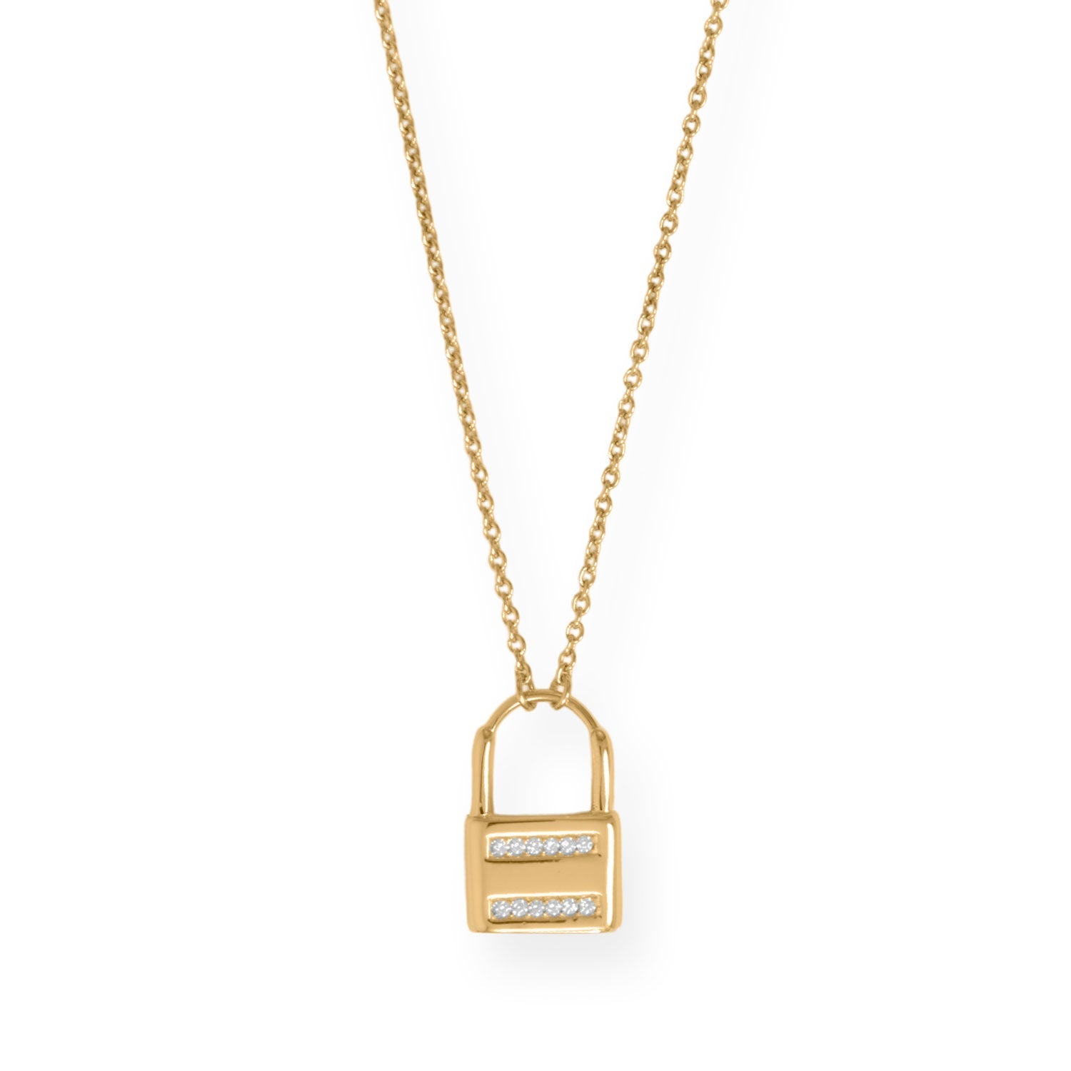 16" + 2" 14 Karat Gold Plated CZ Lock Necklace