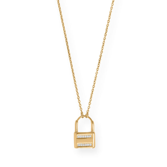 16" + 2" 14 Karat Gold Plated CZ Lock Necklace