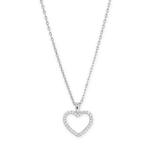 16" + 2" Rhodium Plated CZ Heart Necklace