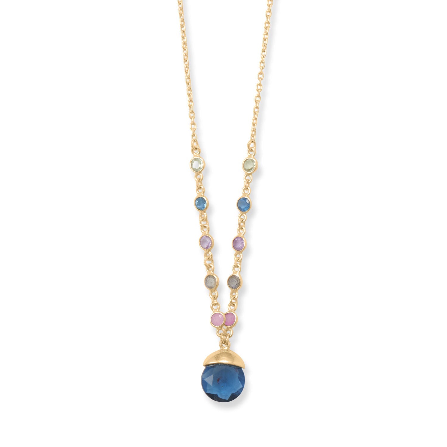 16" + 2" 14 Karat Gold Plated Blue Glass Drop Necklace