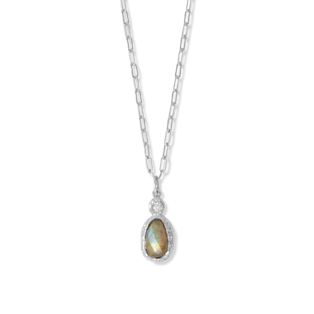 16" + 2" Rhodium Plated CZ and Oval Labradorite Necklace