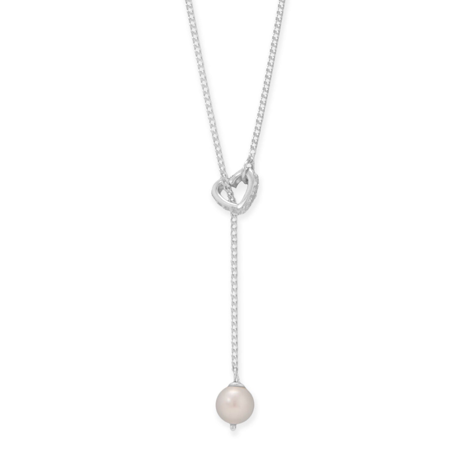 16" + 2" Cultured Freshwater Pearl and CZ Heart Lariat Necklace