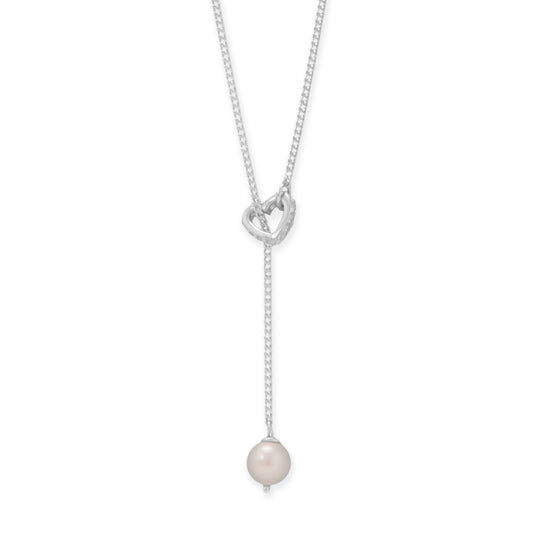 16" + 2" Cultured Freshwater Pearl and CZ Heart Lariat Necklace