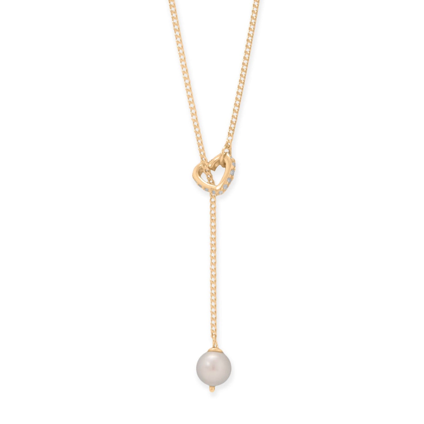 16" + 2" 14 Karat Gold Plated Cultured Freshwater Pearl and CZ Heart Lariat Necklace