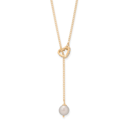 16" + 2" 14 Karat Gold Plated Cultured Freshwater Pearl and CZ Heart Lariat Necklace